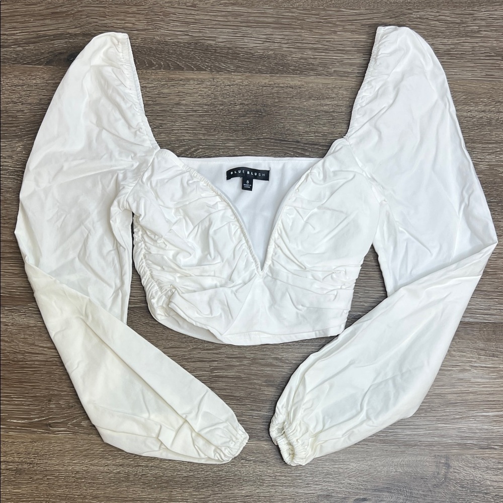 Blue Blush Ivory Off Shoulder Crop Top Ruched Stretch Blouse